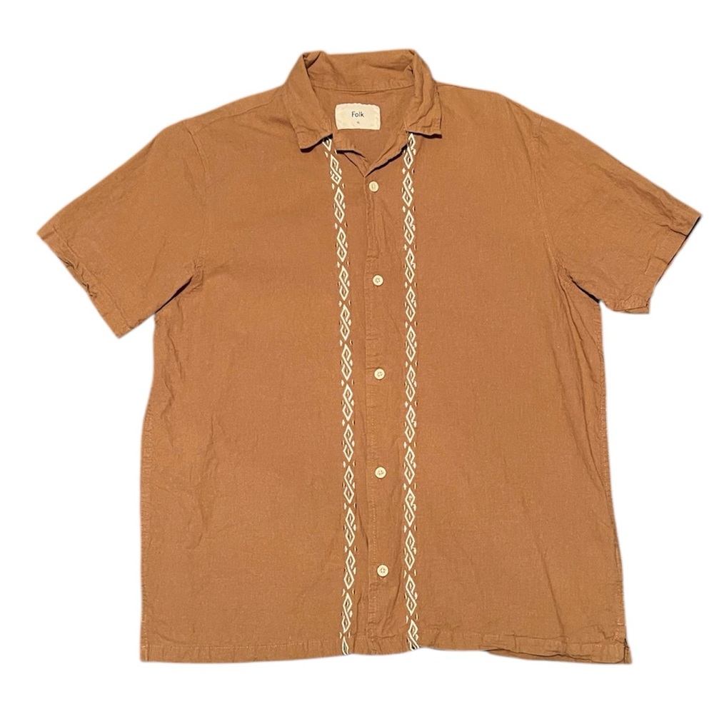 Folk Maze Short Sleeve Linen Shirt Chain Stitch Embroidery Camel Brown Men’s XL